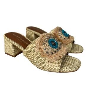 Kurt Geiger Heel Evil Eye Raffia Block Heel Slide Sandals Size 37/US 7